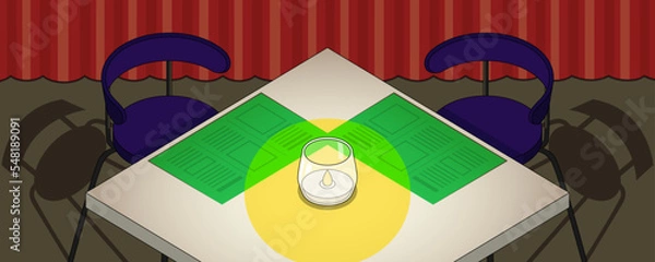 Obraz Dining table and chairs for two people. Burning candle and menu. Vector colorful illustration in flat style. Interior of cafe, restaurant or bar.