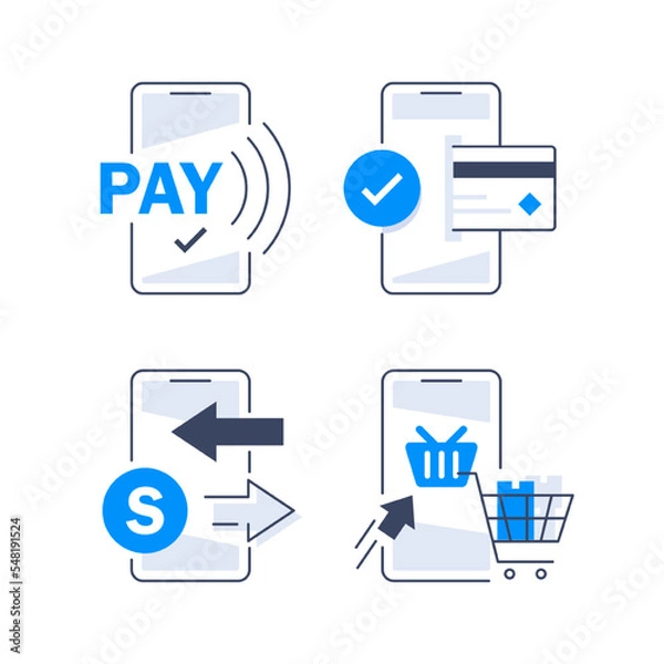 Fototapeta Mobile Payment. Smartphone with Online Payment. Credit card on screen phone. Online shopping. NFC payments. Banking, Finance app and e-payment. Pay by credit card via electronic wallet wirelessly
