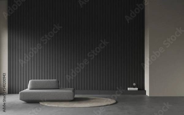 Fototapeta Aesthetic modern minimalist living room with a grey sofa. Decorative wall with black embossed panels, carpet on concret floor. Frame mockup