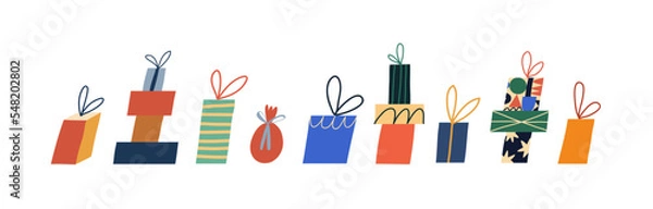 Fototapeta Vector illustration with gift boxes. Collection of colorful boxes with presents. Festive image dedicated to Christmas and New Year celebration. Decoration.
