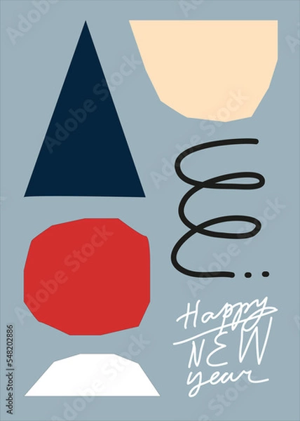 Fototapeta Minimalist vector illustration with geometric shapes. Winter holidays celebration. Happy New Year simple lettering. Creative postcard with abstract elements for holiday season.