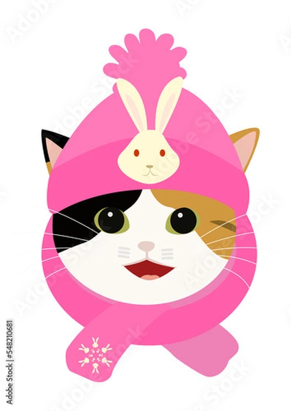 Fototapeta ウサギのマークが付いたピンク色の帽子をかぶる可愛い猫