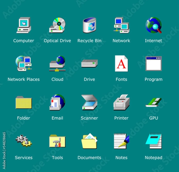 Obraz Old computer icons pack. Desktop 98 icon set. Redesigned older looking folder shortcuts. Vector signs.