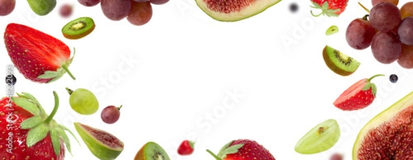 Fototapeta Fruits isolated on white background, round frame made of different falling fruits and berries, with copy space