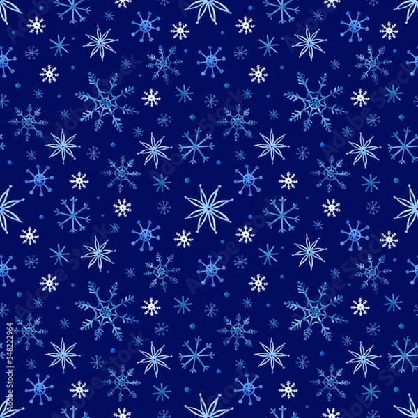 Obraz Winter seamless pattern. Watercolor blue snowflakes on a dark blue background. For packaging, fabric, decor, etc.