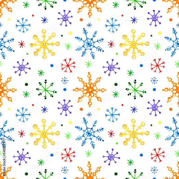 Obraz Christmas seamless pattern. Multicolored watercolor snowflakes on a white background. For packaging, fabric, decor, etc.