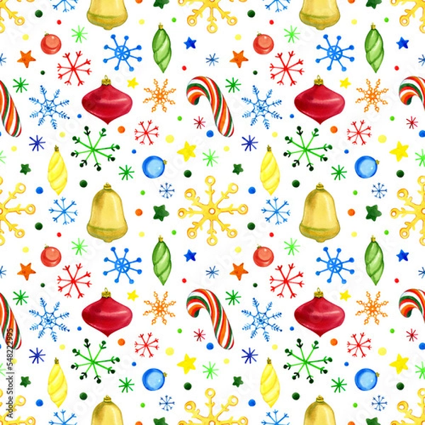 Obraz Christmas seamless pattern. Watercolor illustration. Colorful snowflakes, bright Christmas tree toys, candies, confetti on a white background. For packaging, fabric, decor, etc.