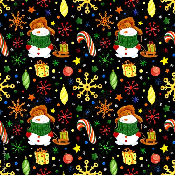 Obraz Watercolor illustration. Seamless pattern. Christmas snowmen, gifts, Christmas tree toys, snowflakes, candies, confetti painted on a black background. For packaging, fabric, decor, etc.