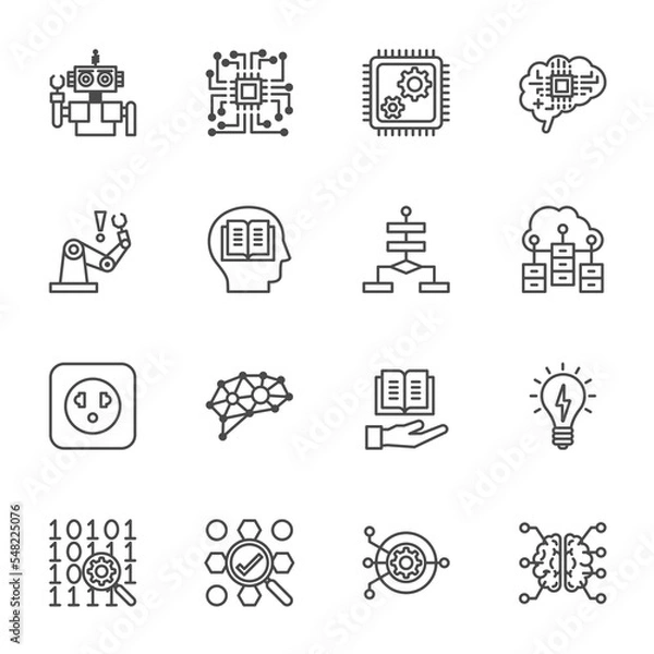 Fototapeta AI Artificial Intelligence technology and Machine Learning Icons, Vector thin line icons set.