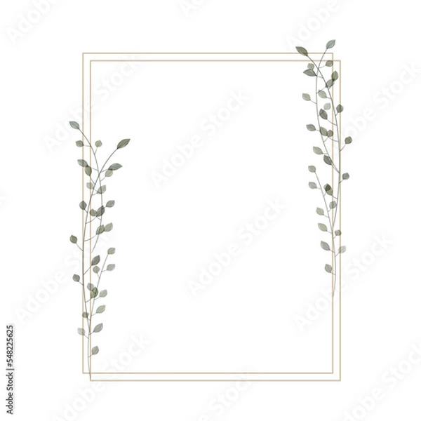 Fototapeta Rectangular frame in rustic, minimalistic and watercolor style. Geometric border with watercolor branches and leaves. Modern frame for design wedding invitation and greeting card. Png, vector