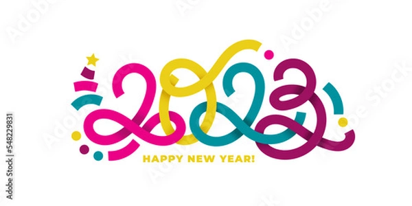 Fototapeta 2023 vector confetti like geometric hand-drawn numbers with minimalistic elements horizontal composition. 2023 numbers design template. Happy new year minimalistic concept for greeting materials.