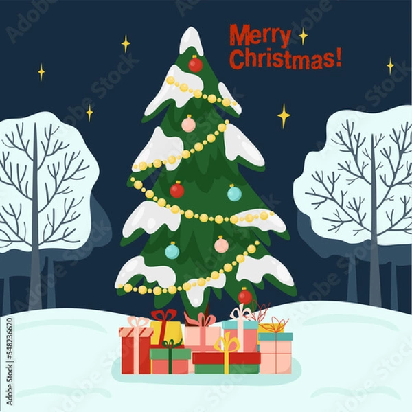 Fototapeta Vector illustration with Christmas tree with golden beads and toys, gift boxes. Night forest under the starry sky. Design for greeting card, poster, invitation