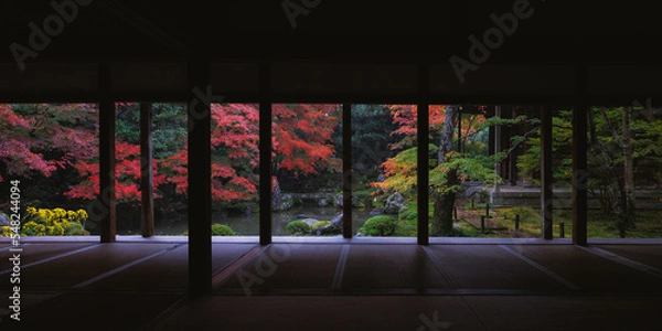 Obraz 紅に染まる蓮華寺の池泉式庭園
