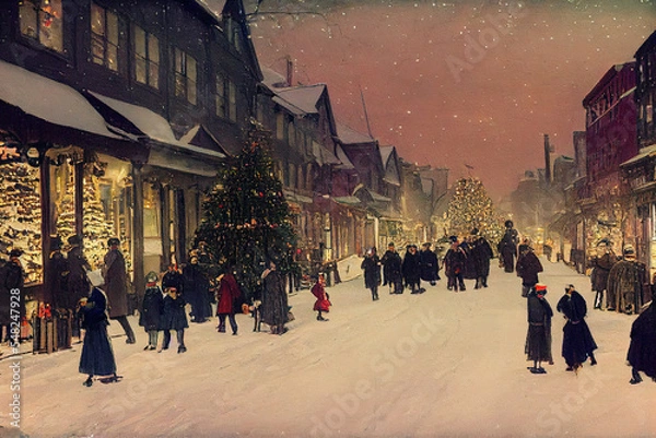 Fototapeta Christmas card illustration vintage style, oil pastel hand-painted style ai generated, village with people celebrating Christmas on a snowy day, happiness