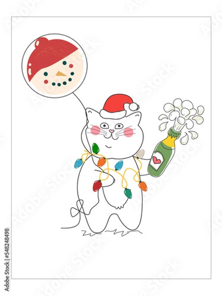 Obraz White cat with balloon and  champagne