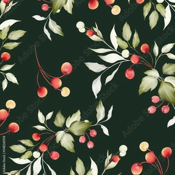 Obraz Seamless Christmas pattern trees with branches and berries in a watercolor style