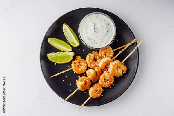 Obraz delicious grilled shrimp appetizer on a white background