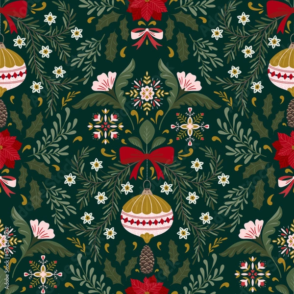 Obraz Christmas symmetry seamless pattern with Christmas decorations and winter botany
