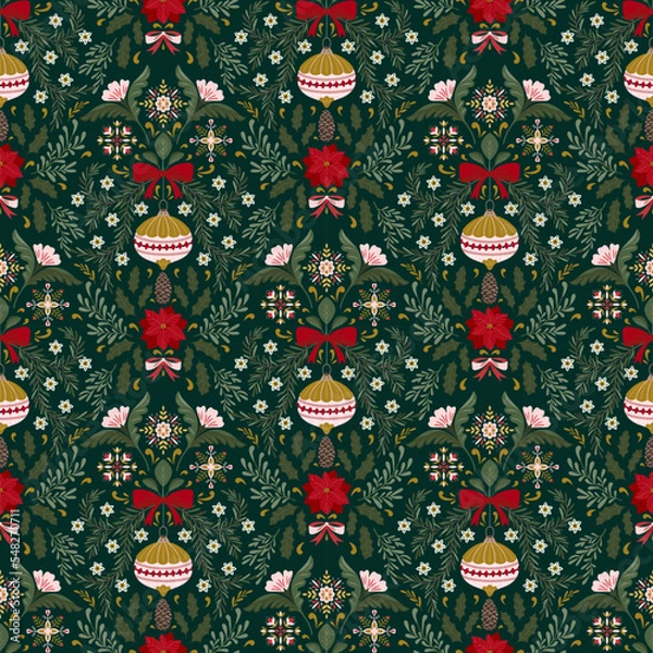 Obraz Christmas symmetry seamless pattern with Christmas decorations and winter botany
