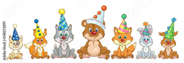 Fototapeta Funny animals sit in carnival hats. In cartoon style. Isolated on white background. Vector illustration