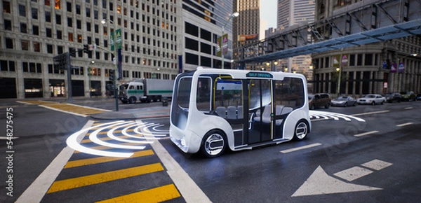 Fototapeta Autonomous electric bus self driving on street, Smart vehicle technology concept, 3d render