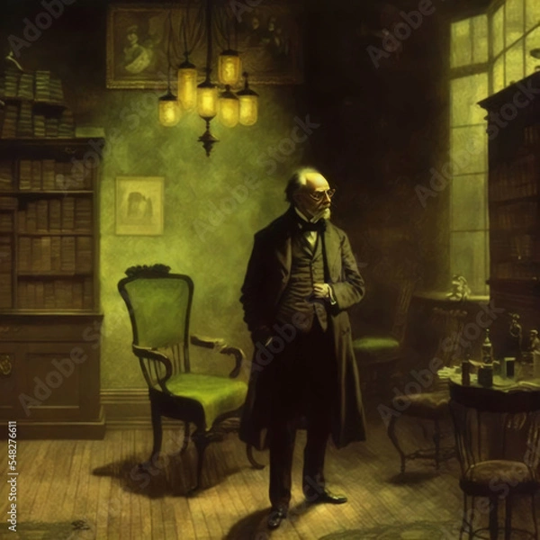 Obraz Unsettling Digital Oil Painting of a Contemplative Man in Shabby Living Room. [Digital Art Painting, Sci-Fi Fantasy Horror Background, Graphic Novel, Postcard, or Product Image]