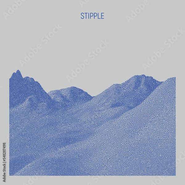 Fototapeta Vector landscape of mountain in dotwork style. Stipple illustration design. Old retro dot texture vintage gradient. Pointillism graphic. Grain terrain wallpaper.