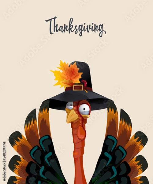 Fototapeta Thanksgiving greeting card with funny turkey in pilgrim hat decorated with autumn leaves and berries with colorful feathers and beautiful tail
