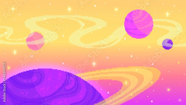 Obraz Cartoon planets and stars background in pixel art style