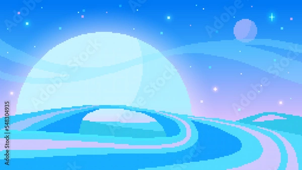 Obraz Cartoon planets and stars background in pixel art style