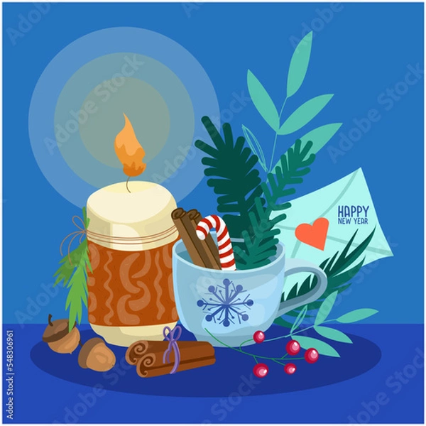 Obraz Vector christmas illustration. Composition with a candle and a cup, cinnamon, berries, winter cozy home. Happy new year design for congratulations, postcards, posters