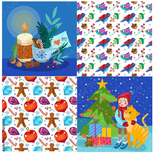 Obraz Vector set of winter illustrations and pattern. Winter cards and greetings. Children's illustration.  Background for fabric, wallpaper, design.