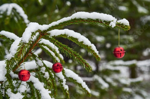 Fototapeta A spruce branch in a snowy forest, on a branch there are three red Christmas balls.