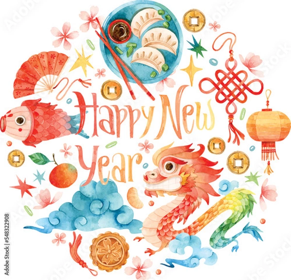 Obraz Chinese New year with dragon watercolor round illustration for invitation 