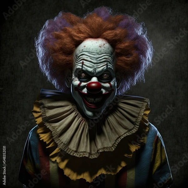 Fototapeta Scary evil killer clown portrait character design. Isolated on black background. Generative AI.