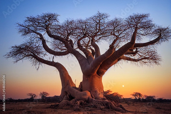 Fototapeta Afrykański baobab w Savannah o wschodzie słońca