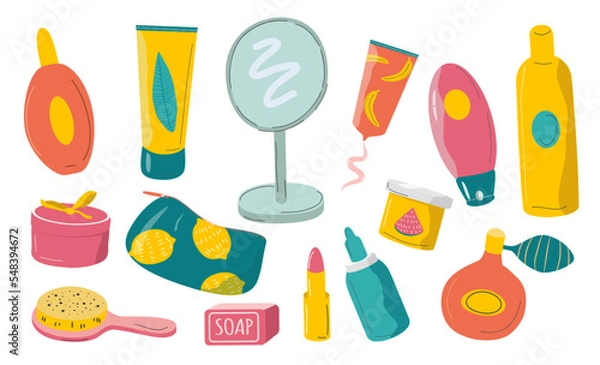 Fototapeta vector illustration in flat style - set of isolated items of care and decorative cosmetics