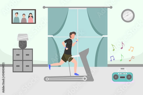 Fototapeta Man running on treadmill at home
