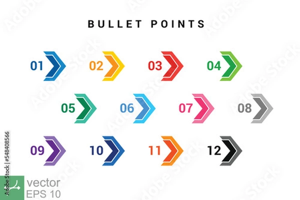 Fototapeta Direction number bullet points from one to twelve. Simple flat style. Number with arrow for list and tag infographic. Vector illustration isolated on white background. EPS 10.
