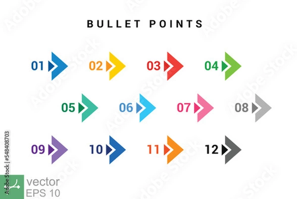 Fototapeta Direction number bullet points from one to twelve. Simple flat style. Number with arrow for list and tag infographic. Vector illustration isolated on white background. EPS 10.