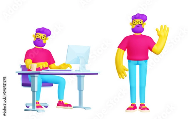 Obraz 3D render set of creative young man working on computer, standing, waving hand isolated on white background. Contemporary design style male character sitting at desk, smiling, making greeting gesture