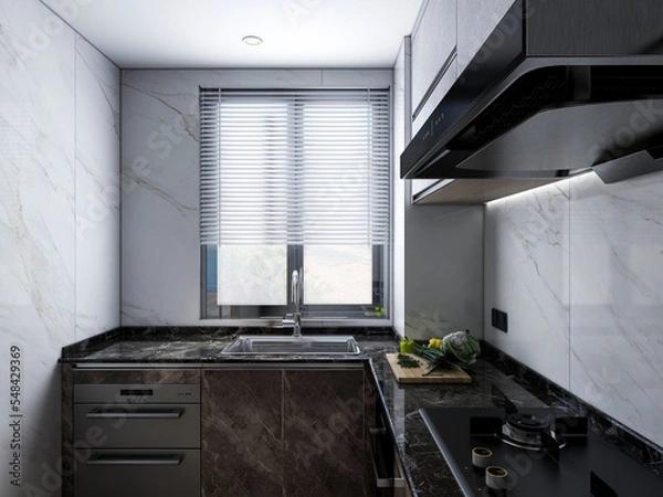 Fototapeta 3D rendering, bright kitchen design