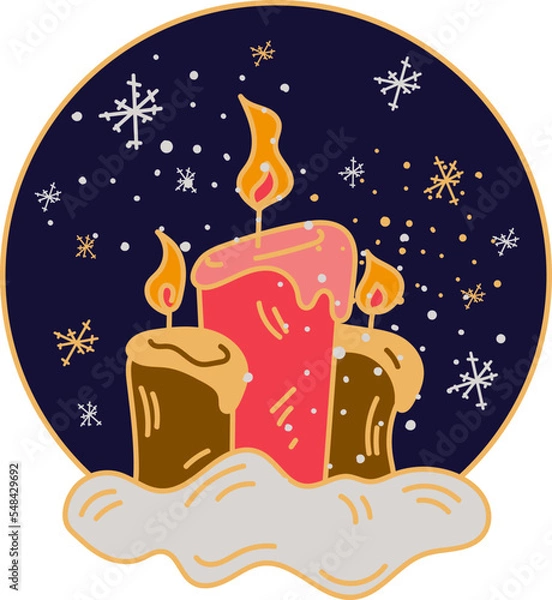 Fototapeta Christmas template with three candles on blue background with snowflakes around doodle style