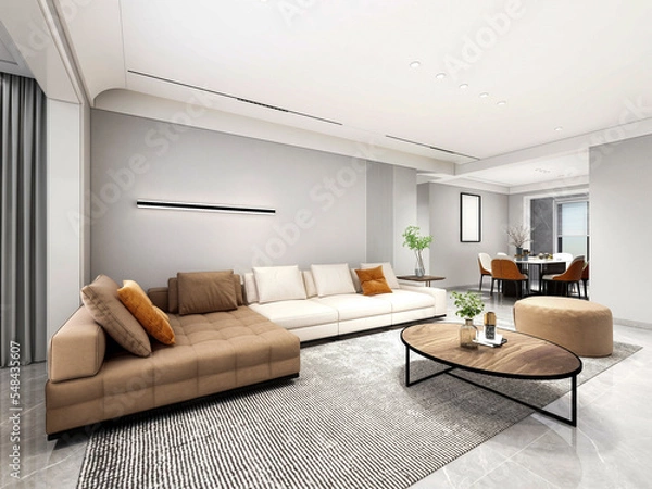 Fototapeta 3D rendering, wooden Nordic style living room design