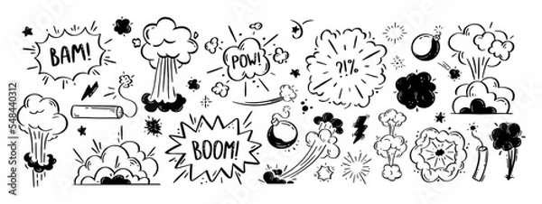 Obraz Comic explosions and bombs set. Speech bubbles with the words bom, boom, pow. Vector doodle illustration