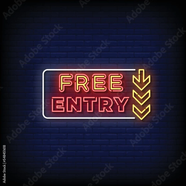 Obraz Neon Sign free entry with brick wall background vector