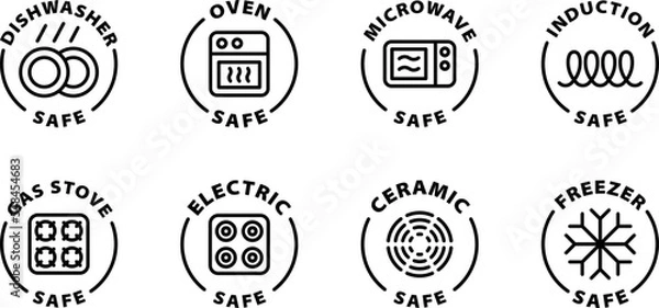 Fototapeta Dishwasher, appliances, oven, microwave, induction, gas, electric, freezer safe icons, icon set. Isolated vector black outline stamp label rounded badge product tag on transparent background. Symbols.
