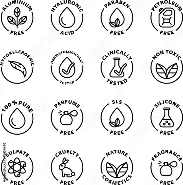 Fototapeta natural cosmetics icon set, icons. Isolated vector black outline stamp label rounded badge product tag on transparent background. Symbols. Paraben free, Non toxic, silicone free, cruelty free.