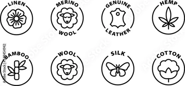 Fototapeta linen, merino, leather, hemp, bamboo, wool, silk, cotton icon set, icons. Isolated vector black outline stamp label rounded badge product tag on transparent background. Symbols.