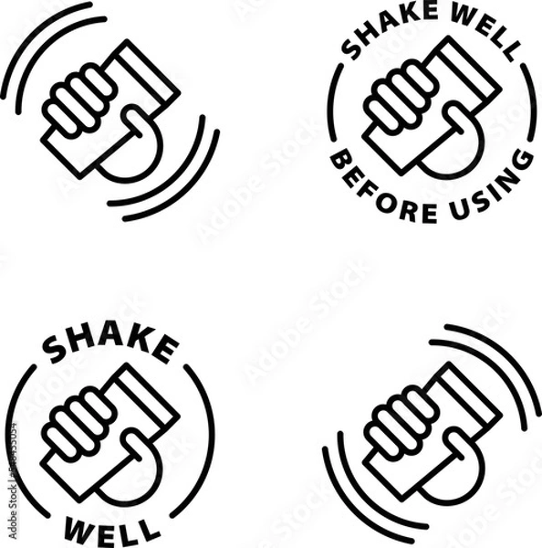 Fototapeta shake well before using icons, icon set. Isolated vector black outline stamp label rounded badge product tag on transparent background. Symbol.